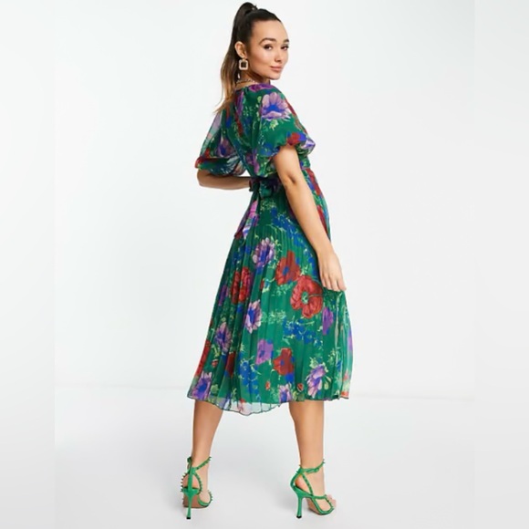 💫HP‼️💫 NWT ASOS DESIGN Floral Midi Dress in Green Multi, Size 6 - Picture 4 of 10